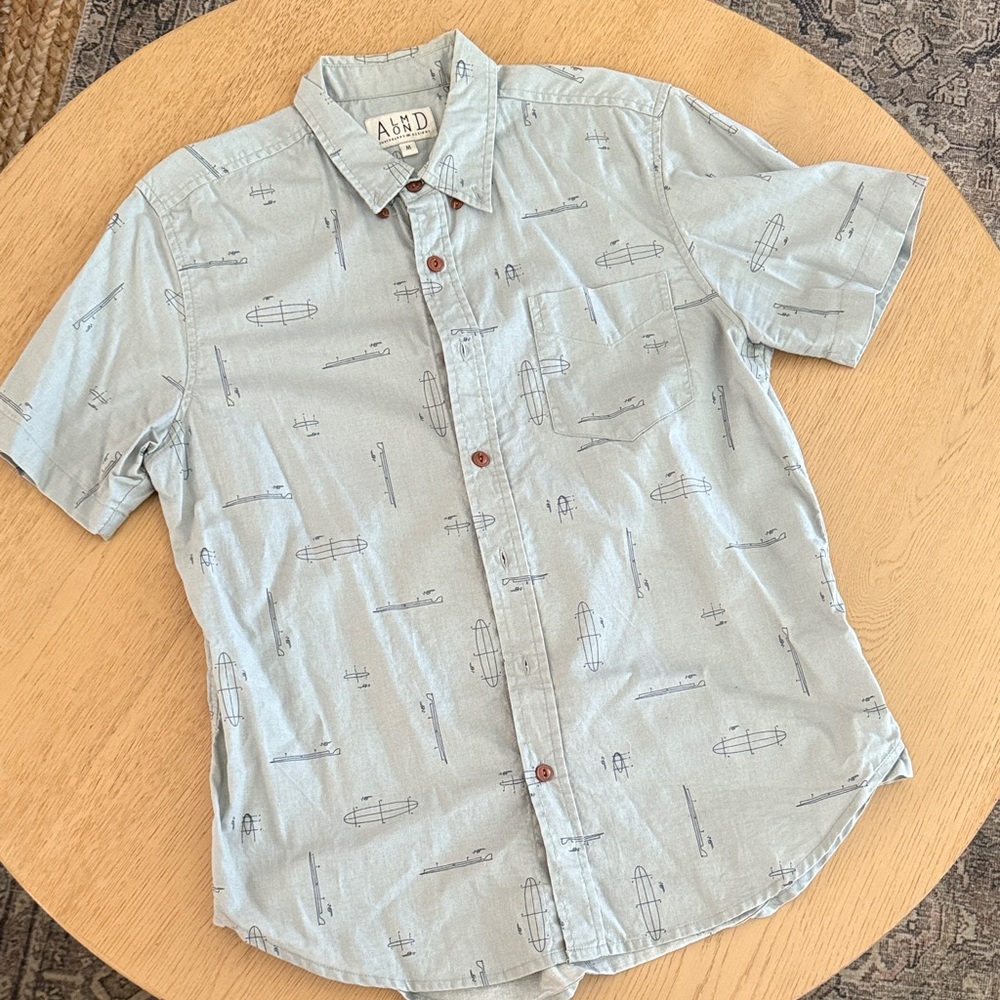 ALMOND Surfboard Print Light Blue Button Down